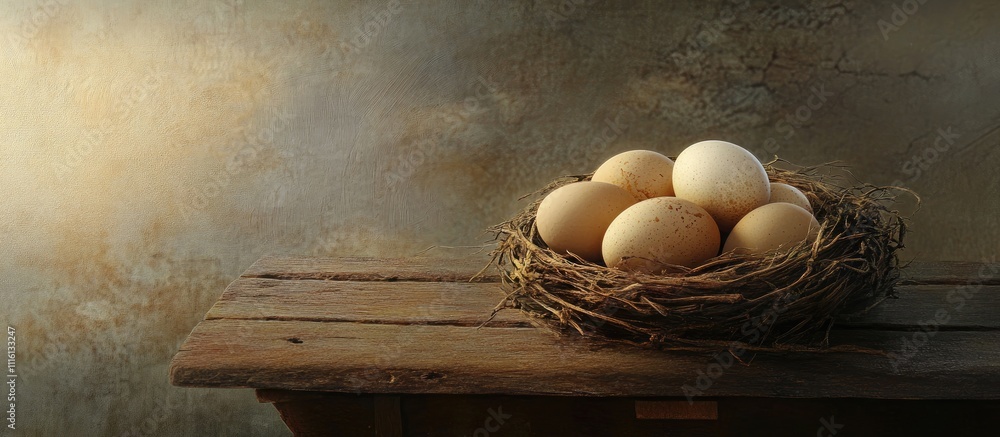 Poster nest with golden eggs resting on a rustic wooden surface against a textured background showcasing na