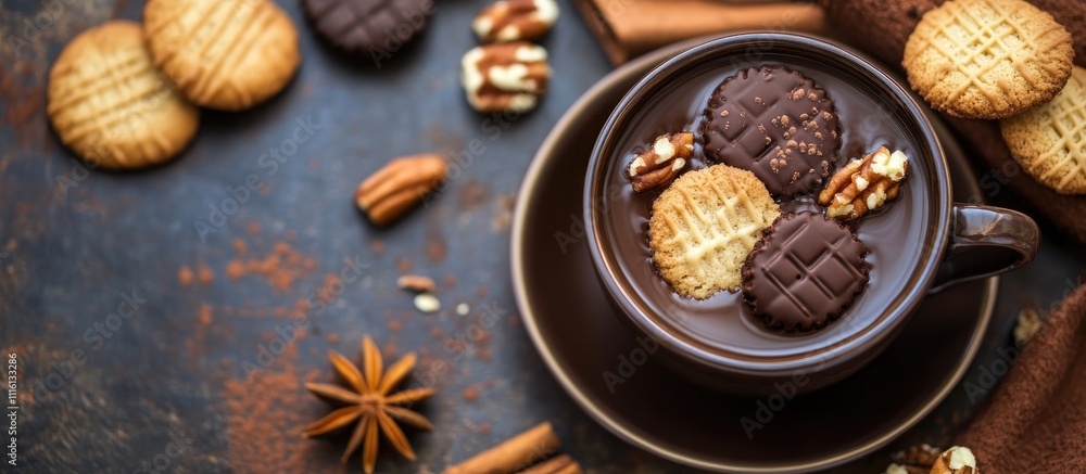 Poster mug of rich cocoa garnished with assorted cookies nuts and spices on rustic background