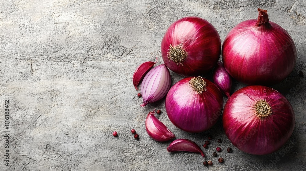 Poster fresh red onions arranged on a textured surface showcasing their vibrant color and unique shapes ide