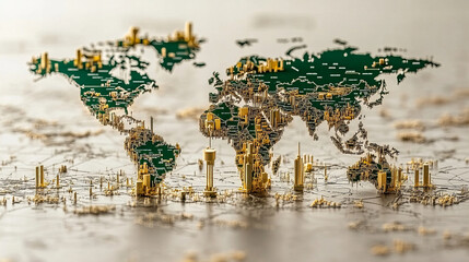 Fototapeta premium global map showcasing various climate funds represented by 3D structures, highlighting financial investments in sustainability and environmental initiatives