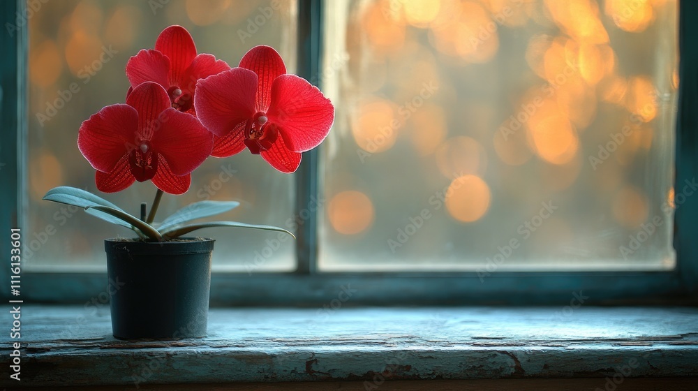 Poster close up of a vibrant dark red orchid in a pot on a windowsill with soft golden light and blurred ba