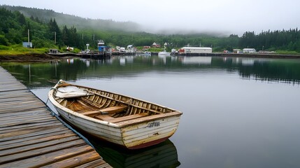 Obraz premium A moody composition of a small wooden boat floating near a dock during a quiet morning at a fishing festival.