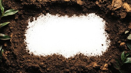 Soil patch texture with black biosoil framing a white background ideal for gardening or environmental design projects