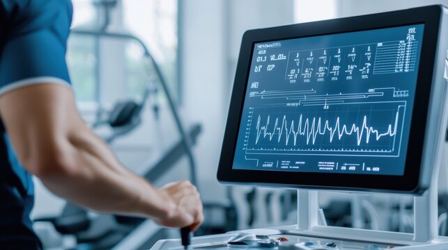 A fitness monitor displaying health metrics, including heart rate and performance data, highlighting technology in exercise environments.