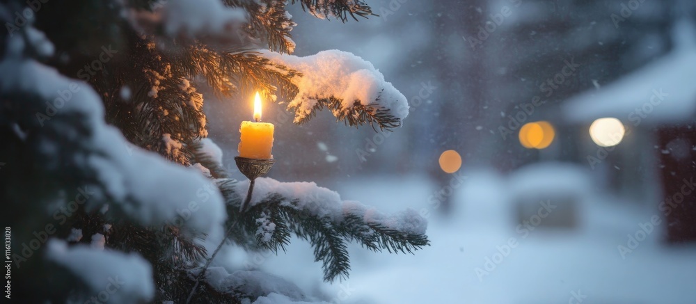 Poster candle illuminating snowy fir tree in winter wonderland with soft bokeh background