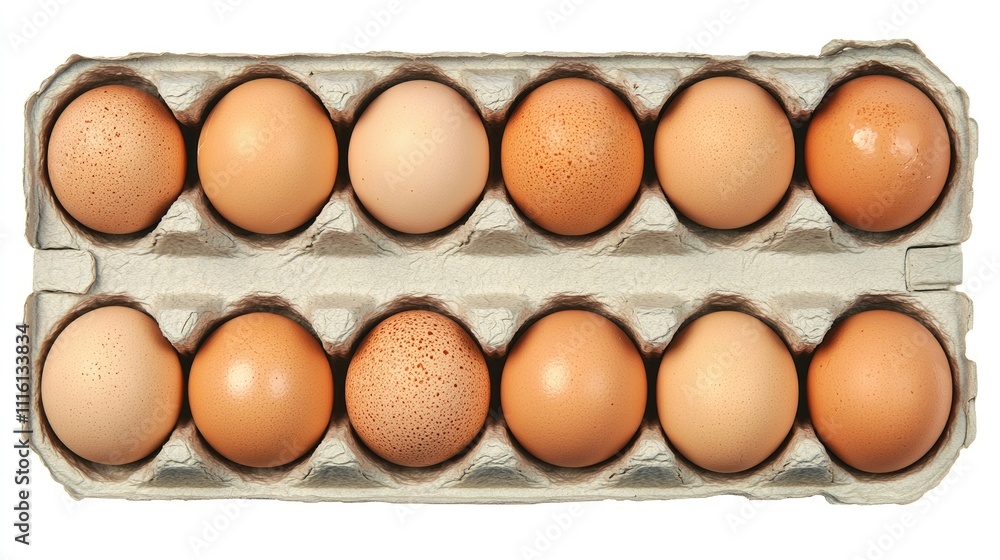 Poster overhead view of a dozen eggs in a carton arranged on a white background with empty space for culina