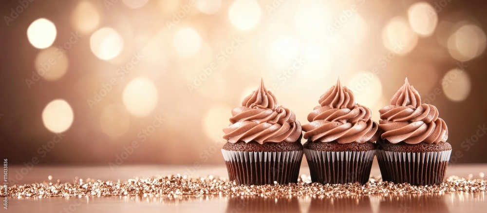 Poster chocolate cupcakes decorated with rich frosting displayed elegantly against a blurred sparkling back