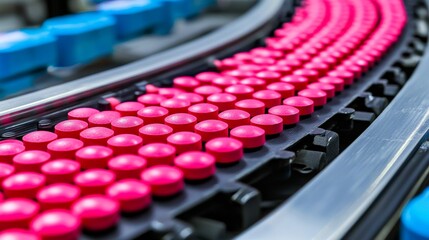 Obraz premium pharmaceutical production concept. Colorful pills on a conveyor belt in a pharmaceutical production line.