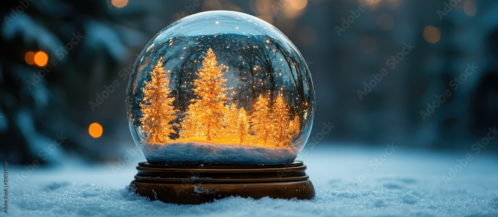 Poster glowing snow globe with illuminated trees and snowfall on a scenic winter background