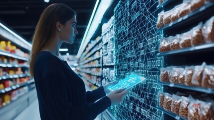 A woman interacts with a digital interface in a grocery store, surrounded by shelves filled with packaged goods.