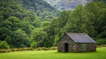 Fototapeta premium Stone shed surrounded by lush greenery in a serene mountainous landscape showcasing rustic architecture and natural beauty.