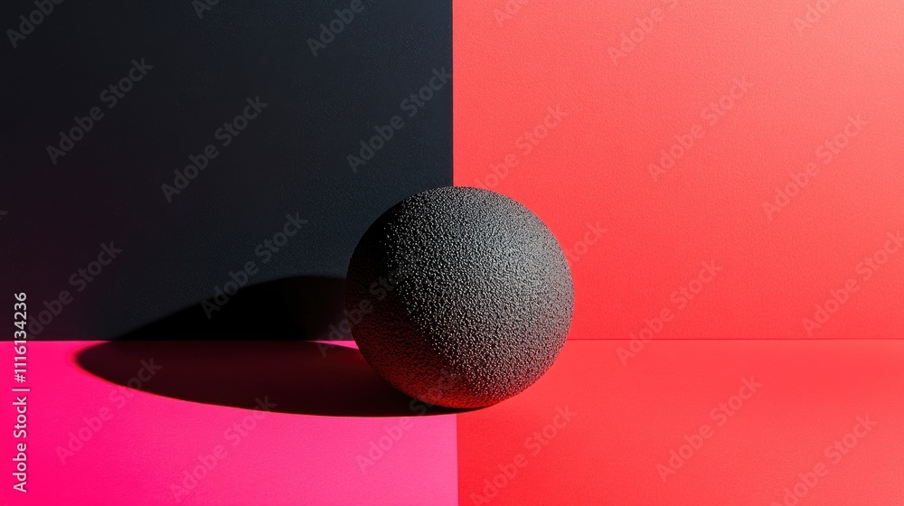 Aufkleber textured black sphere on contrasting red and black geometric background creating a striking visual c