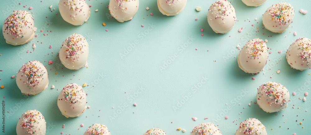 Poster white chocolate eggs arranged in a circular pattern with colorful sprinkles on a soft green backgrou