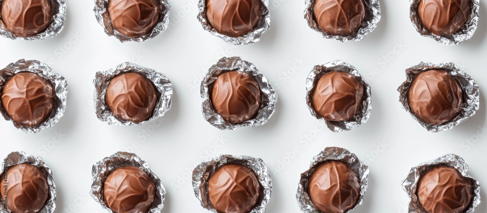 Poster chocolate candies in silver foil arranged neatly on a white background creating an appealing and ele