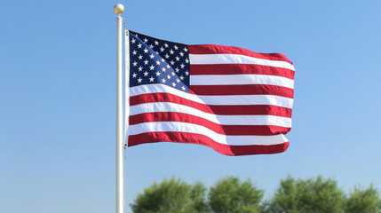 A vibrant American flag waves against a clear blue sky, symbolizing patriotism and national pride.