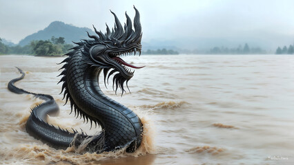 black serpent, Thai Naga, The black naga king are playing in the water, The real Naga, Snake King background.