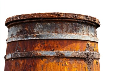 Fototapeta premium Rusty weathered barrel with peeling paint and metal bands isolated on white background for industrial or rustic themed designs