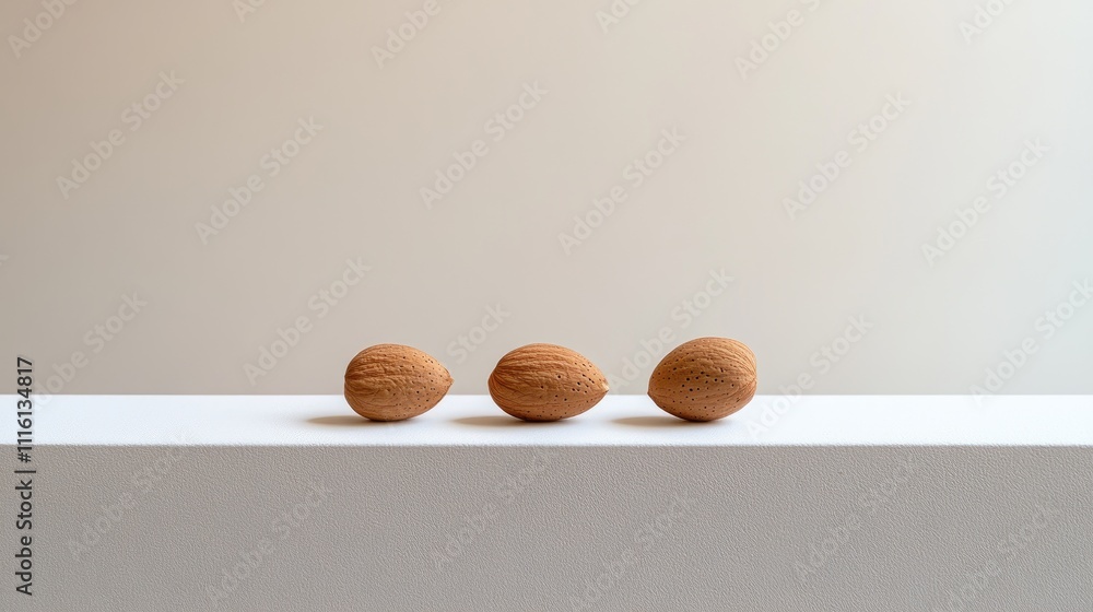 Poster three whole almonds arranged in a row on a minimalist white shelf against a soft beige background, f