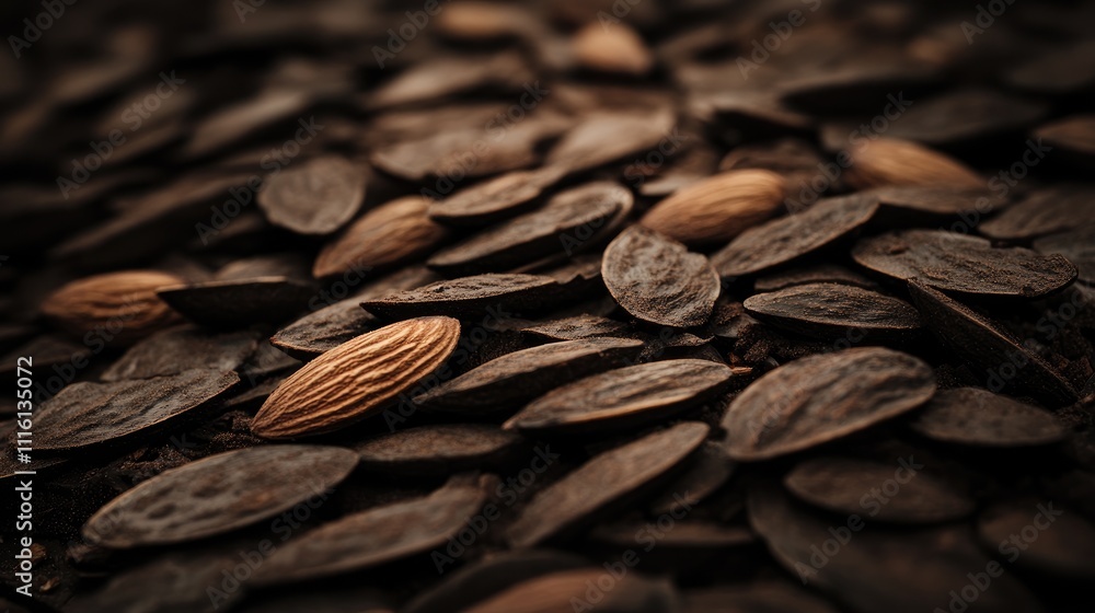 Poster close up of raw almonds scattered on a dark surface showcasing intricate textures and natural colors