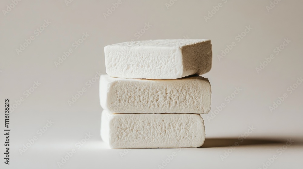 Poster stacked blocks of tofu on a minimalist white background showcasing the texture and shape of this ver