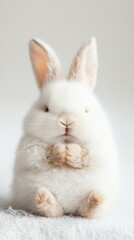 Obraz premium A cute white rabbit with soft fur and pink ears sits upright on a fluffy surface. The minimalistic background highlights the bunny's delicate features, making it perfect for animal-themed designs