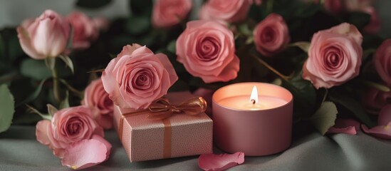 Fototapeta premium Roses with pink candles and a gift box on a soft surface creating a romantic and elegant atmosphere for special occasions