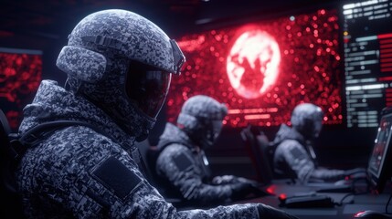 Fototapeta premium A futuristic control room with astronauts in camouflage uniforms, focused on screens displaying data and a vibrant red digital world map.