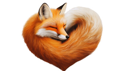 Obraz premium Cute red fox sleeping curled up in heart shape on transparent background