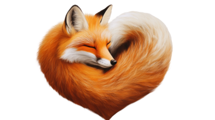 Cute red fox sleeping curled up in heart shape on transparent background