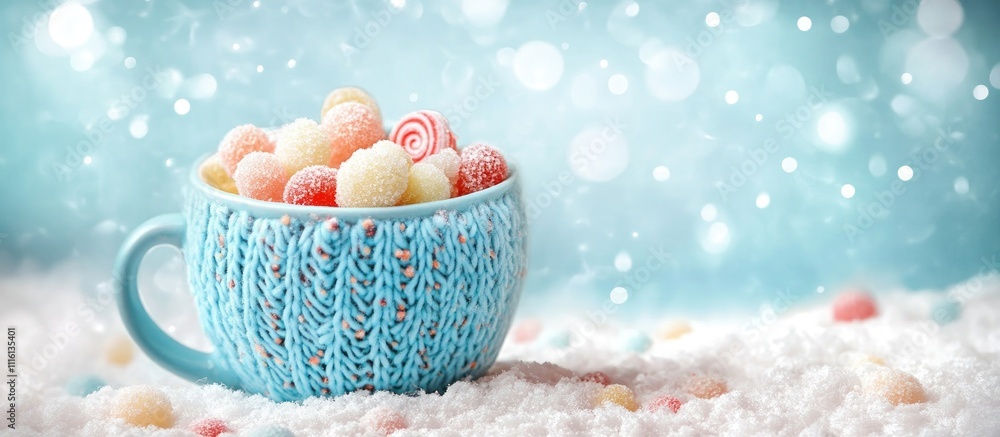 Poster cup with knitted print filled with colorful candies on snowy surface against a soft bokeh background