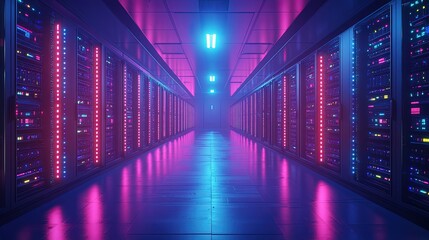 Futuristic server room with neon lights.