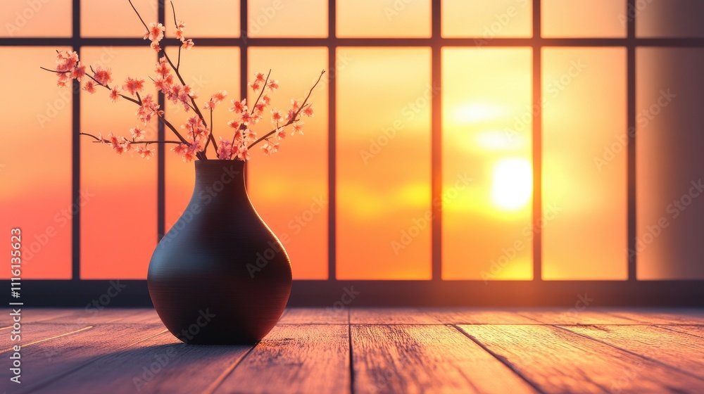 Poster silhouette of a vase with cherry blossom branches against a sunset view through a window creating a 
