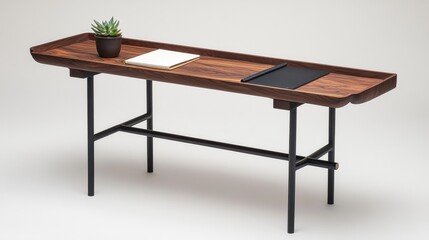 Fototapeta premium Modern Minimalist Wooden Desk with Plant and Accessories