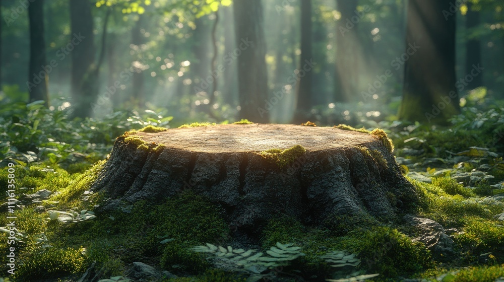 Poster serene forest scene with a moss-covered tree stump surrounded by lush greenery and soft sunlight fil