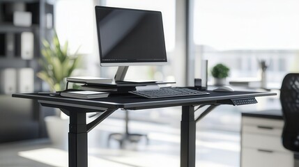 Ergonomic standing desk setup in a modern office, promoting wellness and productivity, ergonomic office design