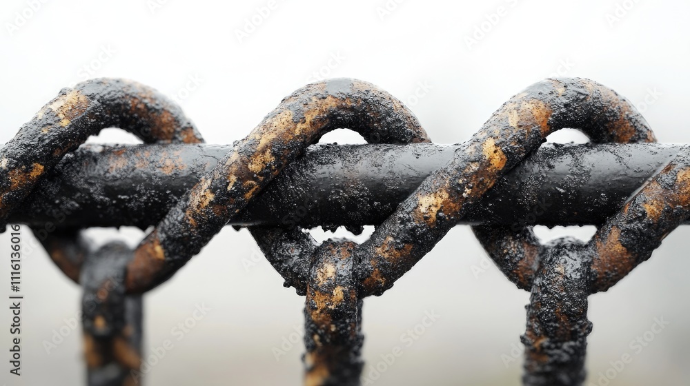 Poster close-up of rusty wire fence texture with intricate loops and weathered details against a clean whit