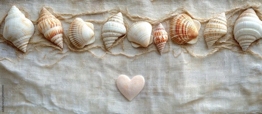 Poster seashells arranged with a heart on fabric and sand creating a serene summer background for text and 