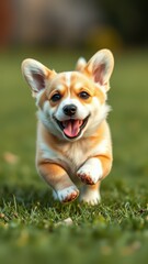 Corgi puppy joyfully running on green grass in a sunny backyard on a bright day