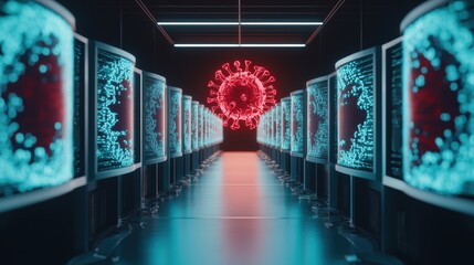 A futuristic data center with glowing servers displays a large, red virus model, symbolizing the intersection of technology and health.