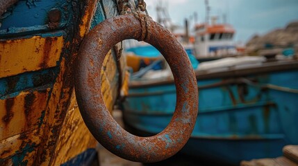 Rusty mooring ring on fishing vessel with colorful boats in the background highlighting marine life and weathered textures in coastal settings.