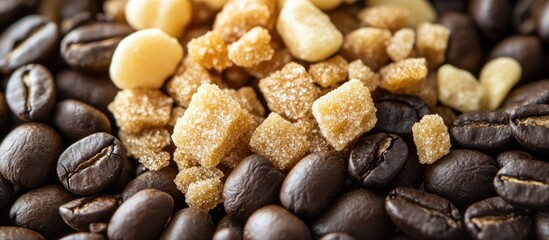 Chocolate coffee beans and brown cane sugar pieces arranged together showcasing rich textures and earthy colors in a close up view
