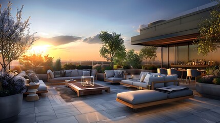 Obraz premium A cozy rooftop terrace with a stunning sunset view and comfortable seating