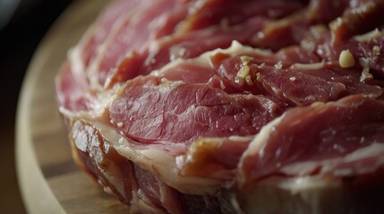 Obraz premium Beef ham slices with spices displayed in closeup on wooden surface for culinary backgrounds and food photography.