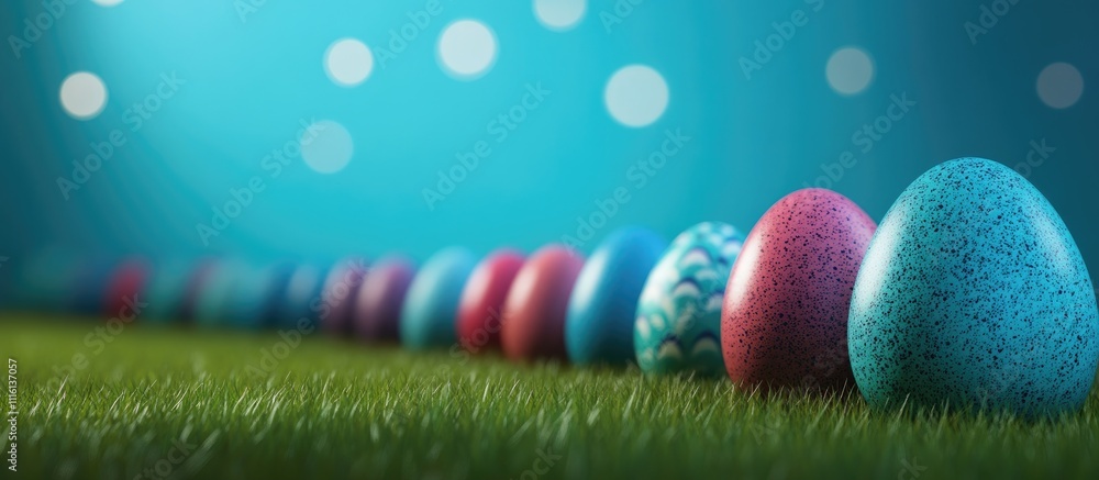 Poster colorful easter eggs arranged in a row on vibrant green grass with a soft blurred background creatin