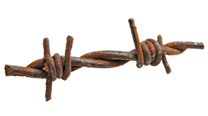 A piece of rusty barbed wire, often used for fencing and security, symbolizing boundaries and protection.