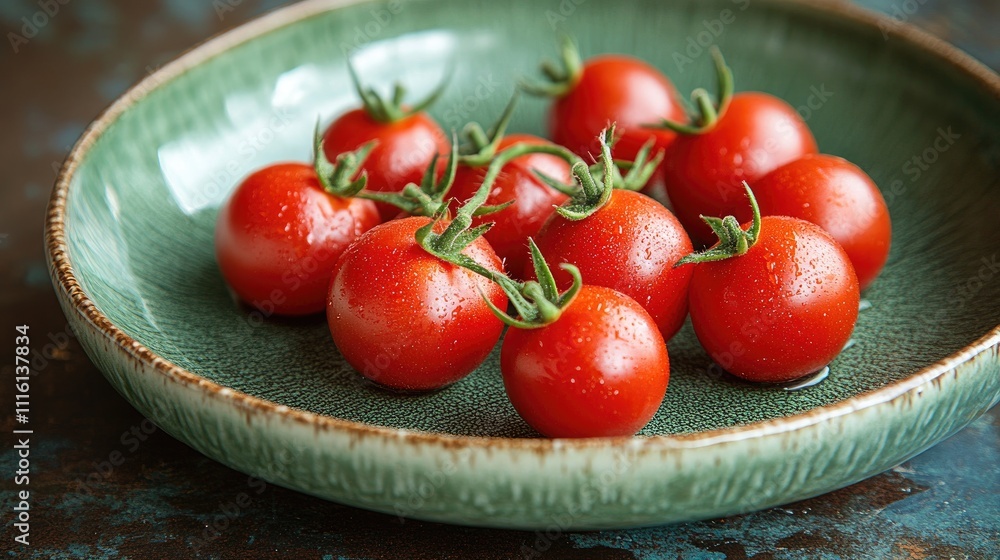 Poster vibrant small cherry tomatoes on a textured green plate adding freshness to a rustic table setting g