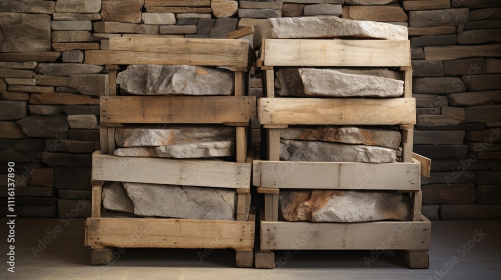 Poster neatly stacked stone slabs in rustic wooden crates ideal for storage and decorative uses in interior
