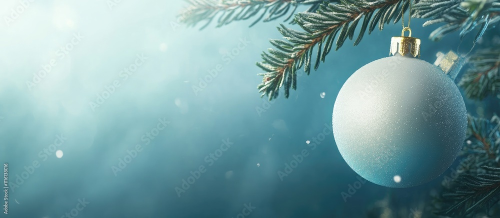 Poster blue illuminated christmas ornament hanging from a fir tree with soft glowing background and falling