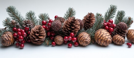 Natural festive decoration with wild berries, pine cones, and spruce branches on a neutral background for holiday styling and seasonal themes