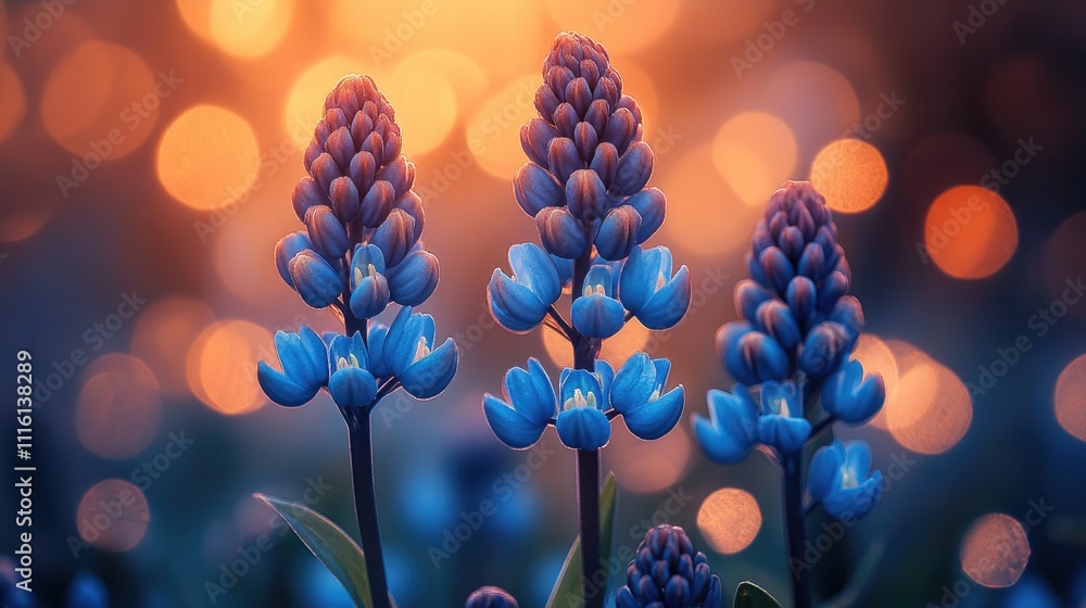 Poster Delicate bluebell flowers with buds illuminated by a warm bokeh background creating a serene and enchanting nature scene